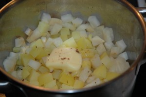 Cooked Celery Root and Potato Pieces with Butter and Nutmeg