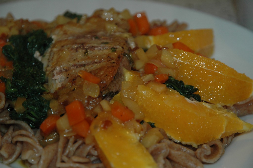 Canard Orange in Spinach and Pasta Nest