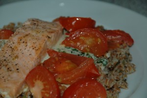 Salmon with Rucola Mustard Sauce and Pearled Spelt