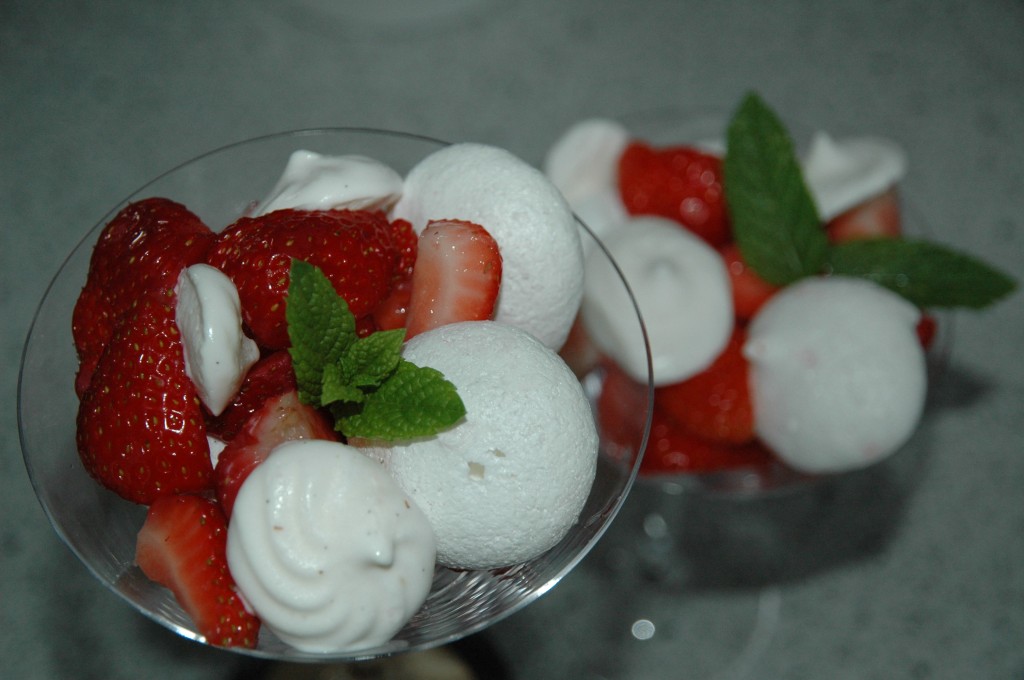 Mint Pavlovas with Strawberries and Frozen Vanilla Sauce