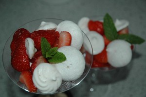 Mint Pavlovas with Strawberries and Frozen Vanilla Sauce