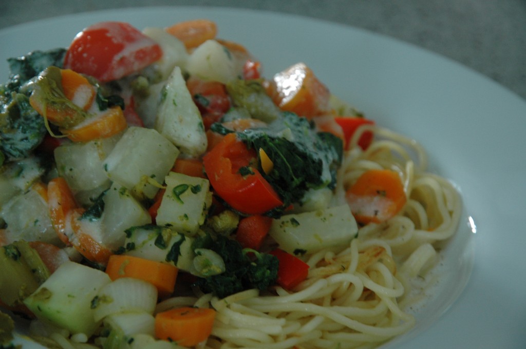 Roasted Summer Pasta with Garlic Sauce